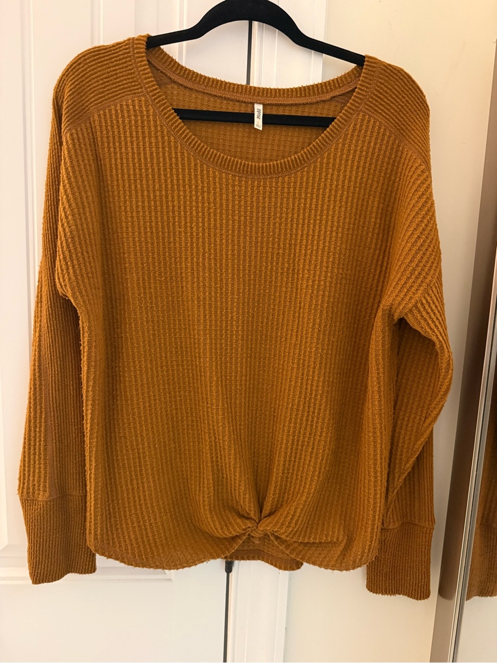 Mudd Waffle Knit Crewneck Sweater in Mustard with Front Knot